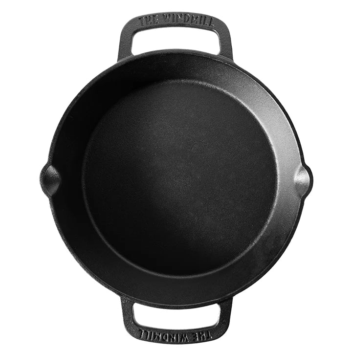 Große Windmühlen-Gusseisenpfanne mit 2 Griffen